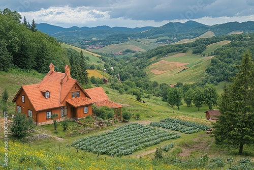 Wallpaper Mural Scenic countryside view featuring a charming wooden house surrounded by lush greenery and fields Torontodigital.ca