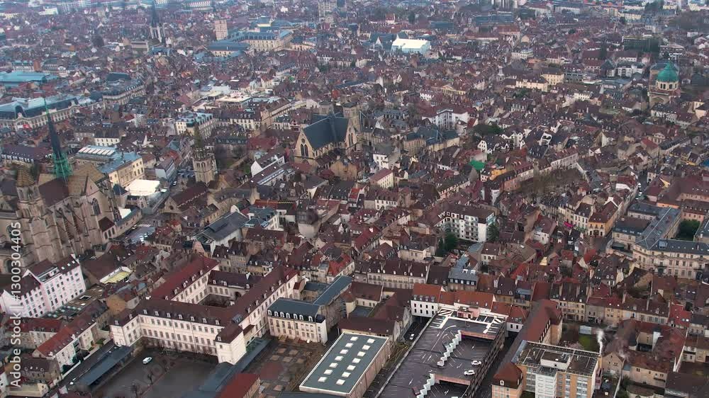 Aerial panorama view around the old town of the city Dijon on a cloudy day Aerial panorama view around the old town of the city Dijon on a cloudy day