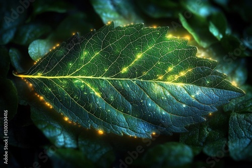 Glowing Green Leaf In Dark Forest