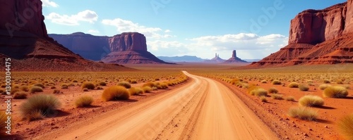 Empty dirt road winds through Monument Valley's red rock buttes , horizon, panorama
