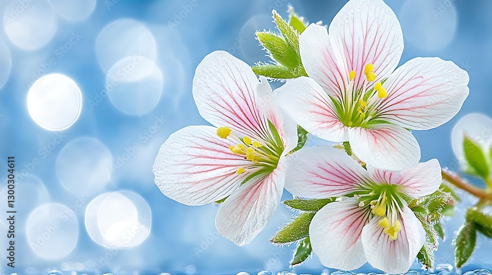 Delicate Spring Blossoms Close up of White Flowers with Pink Veins on a Blue Bokeh Background Delicate Spring Blossoms Close up of White Flowers with Pink Veins on a Blue Bokeh Background