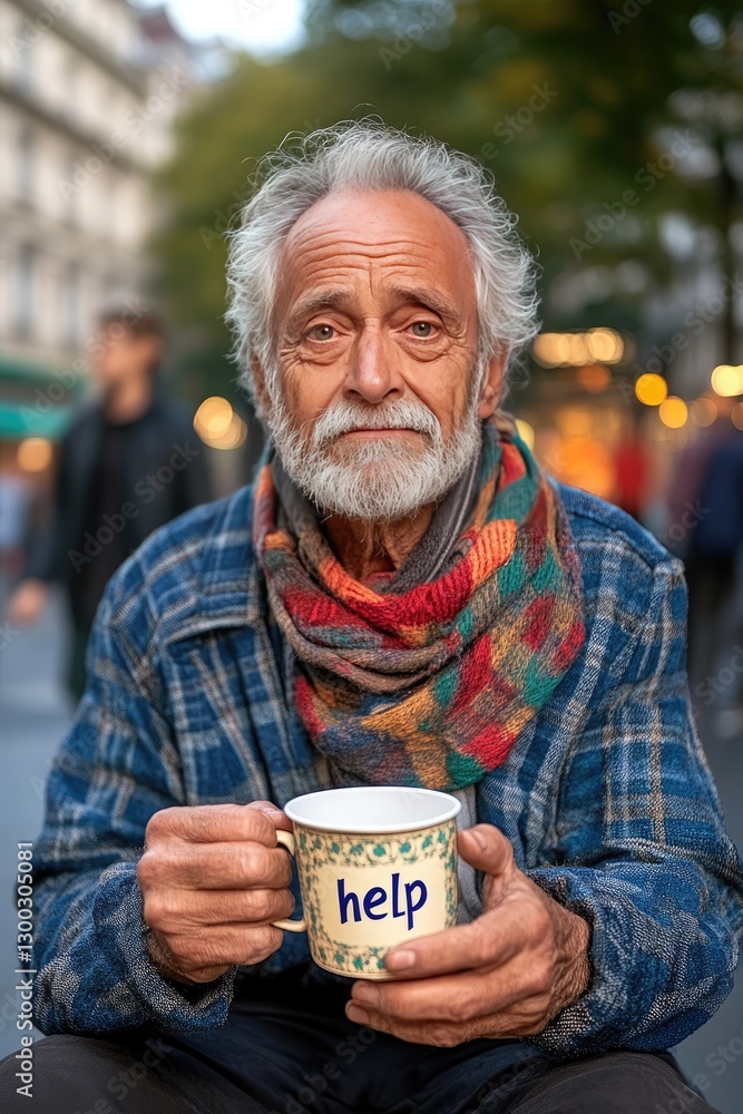 Elderly Man Holding Help Cup on Busy Street - Concept of Support and Charity Elderly Man Holding Help Cup on Busy Street - Concept of Support and Charity