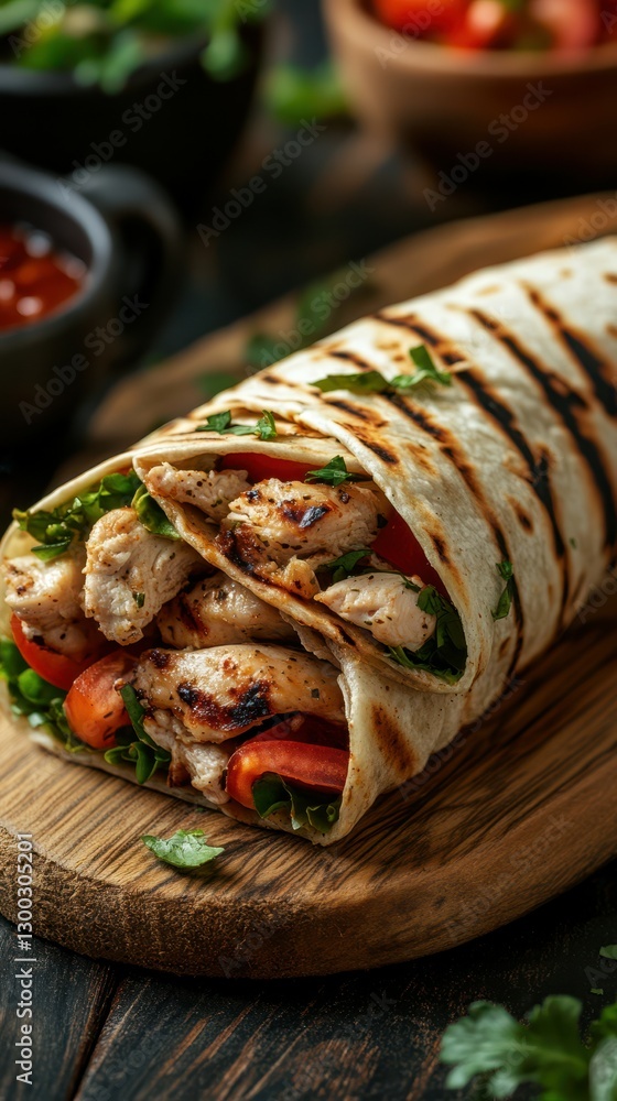 Grilled chicken wrap with fresh vegetables served on a wooden board at a cozy restaurant Grilled chicken wrap with fresh vegetables served on a wooden board at a cozy restaurant