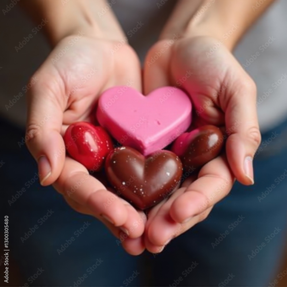 Obraz premium Two hands gently cradling pink chocolate hearts , adorable, studio, photography