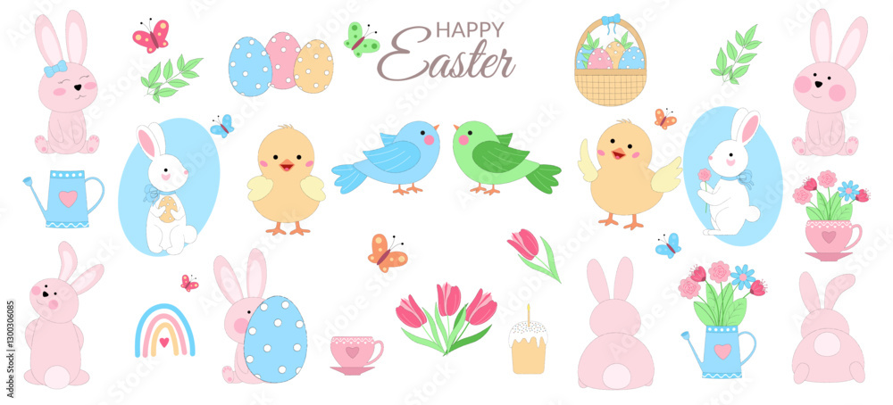 Collection of easter characters - bunnies, rabbits, chicks, birds and traditional elements in pastel color. Vector illustration isolated on white background Collection of easter characters - bunnies, rabbits, chicks, birds and traditional elements in pastel color. Vector illustration isolated on white background