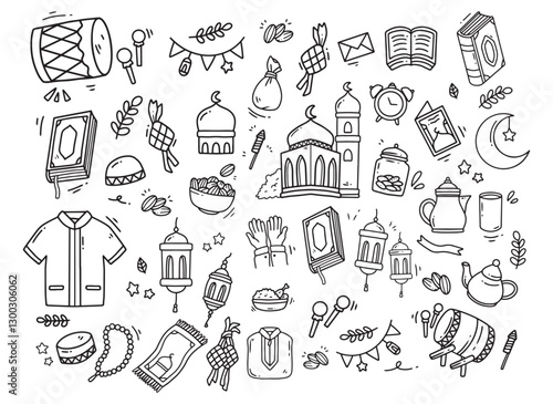 Set of vector doodle element related to Eid Mubarak and Ramadan. Set of hand drawn symbols and icons for holy Muslim festival Eid ul-Fitr