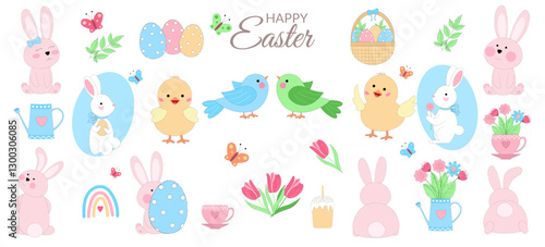 Collection of easter characters - bunnies, rabbits, chicks, birds and traditional elements in pastel color. Vector illustration isolated on white background