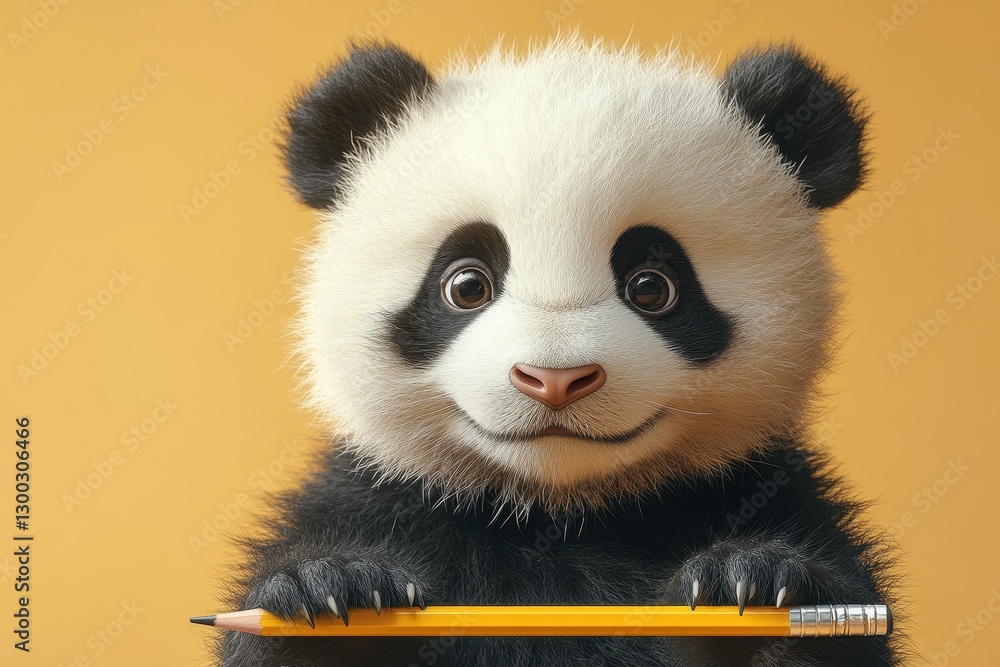 Fototapeta premium Cute panda cub holding a yellow pencil with a playful expression against a bright background