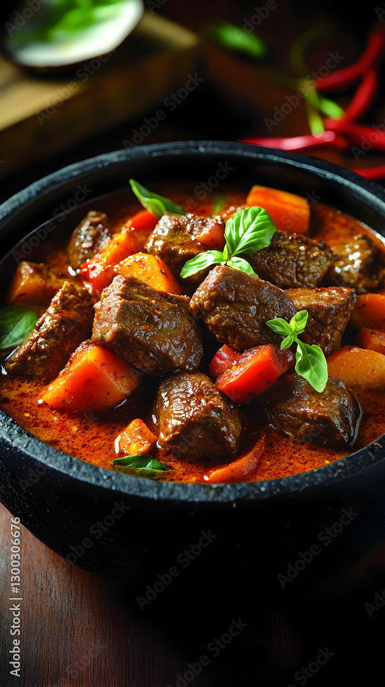 Hearty Beef Stew In Dark Bowl Hearty Beef Stew In Dark Bowl