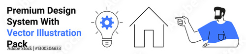 Wallpaper Mural Man in blue shirt pointing, cog inside light bulb symbolizing ideas, and house outline. Ideal for teamwork, creativity, innovation, home design, strategy, minimalism flat landing page banner Torontodigital.ca