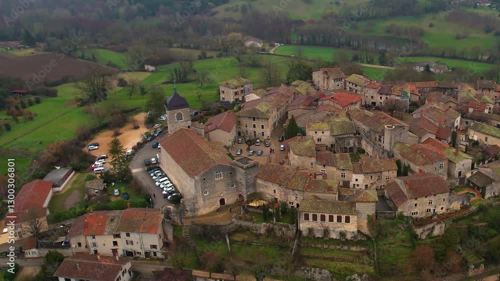 Aerial panorama view around the old town of the city Pérouges on a late afternoon in early spring Aerial panorama view around the old town of the city Pérouges on a late afternoon in early spring