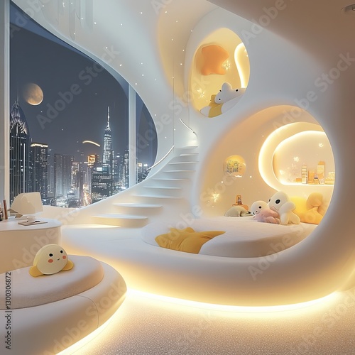 Dreamy Bedroom with City View: A futuristic bedroom design offers a calming escape, blending soft curves, gentle illumination, and a captivating cityscape outside the window. 