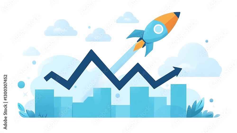 Rocket and Upward Graph Illustration, Illustration of a rocket and upward graph symbolizing growth Rocket and Upward Graph Illustration, Illustration of a rocket and upward graph symbolizing growth