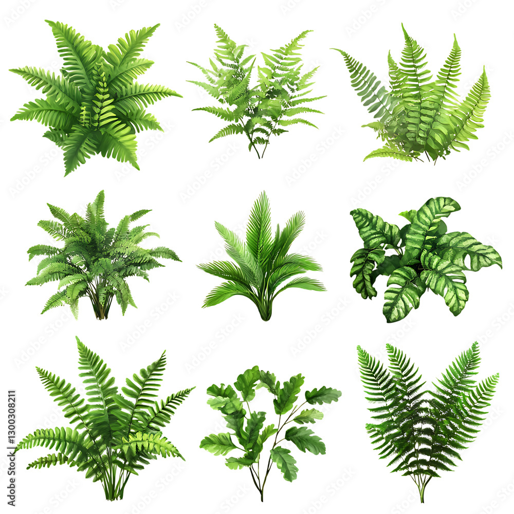 Set of lush green fern plants, isolated Set of lush green fern plants, isolated
