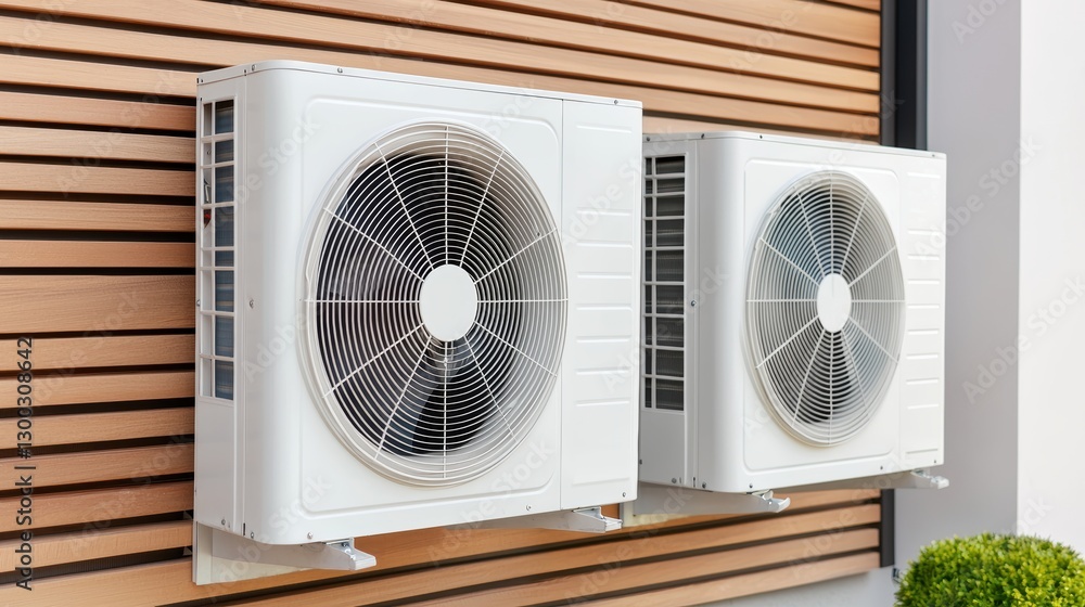 Fototapeta premium Two air conditioning units mounted on a modern wooden wall. Concept of cooling, heating, and climate control.