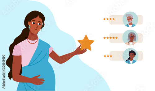 satisfied Indian pregnant mother leaves good review to the doctor. Obstetrics and gynecology online. India Remote Medicine. cartoon flat vector illustration