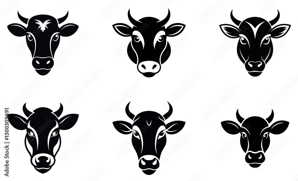 This image features six stylized black silhouettes of cow heads, perfect for logos, emblems, or agricultural-themed designs. This image features six stylized black silhouettes of cow heads, perfect for logos, emblems, or agricultural-themed designs.