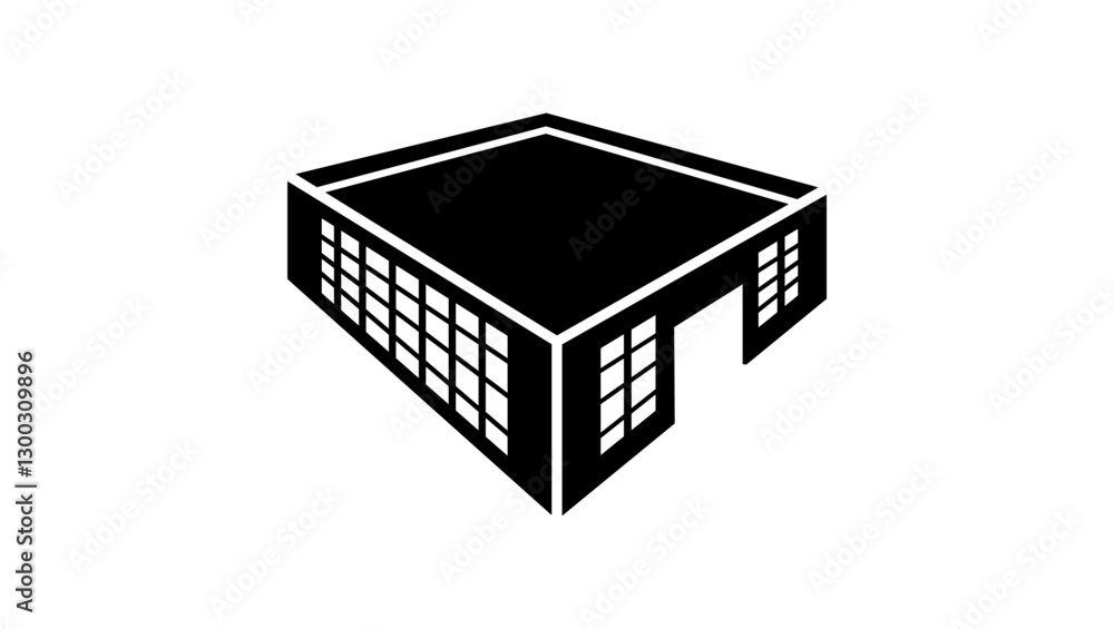 Isometric warehouse building symbol, black isolated silhouette Isometric warehouse building symbol, black isolated silhouette