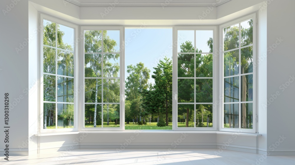 Fototapeta premium A tranquil sunrise view of lush green fields and a clear blue sky through an open window