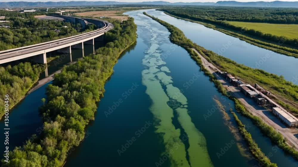 Aerial view of a winding river surrounded by lush greenery and a highway. The vibrant blue water contrasts with the natural landscape, showcasing the beauty of nature and infrastructure. Aerial view of a winding river surrounded by lush greenery and a highway. The vibrant blue water contrasts with the natural landscape, showcasing the beauty of nature and infrastructure.