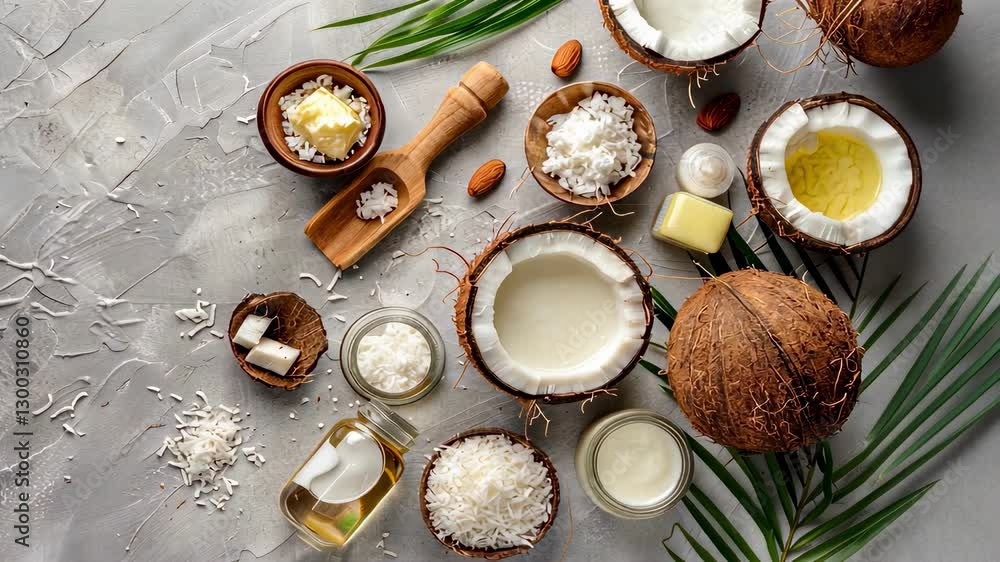 Various coconut products butter, milk top view Various coconut products butter, milk top view