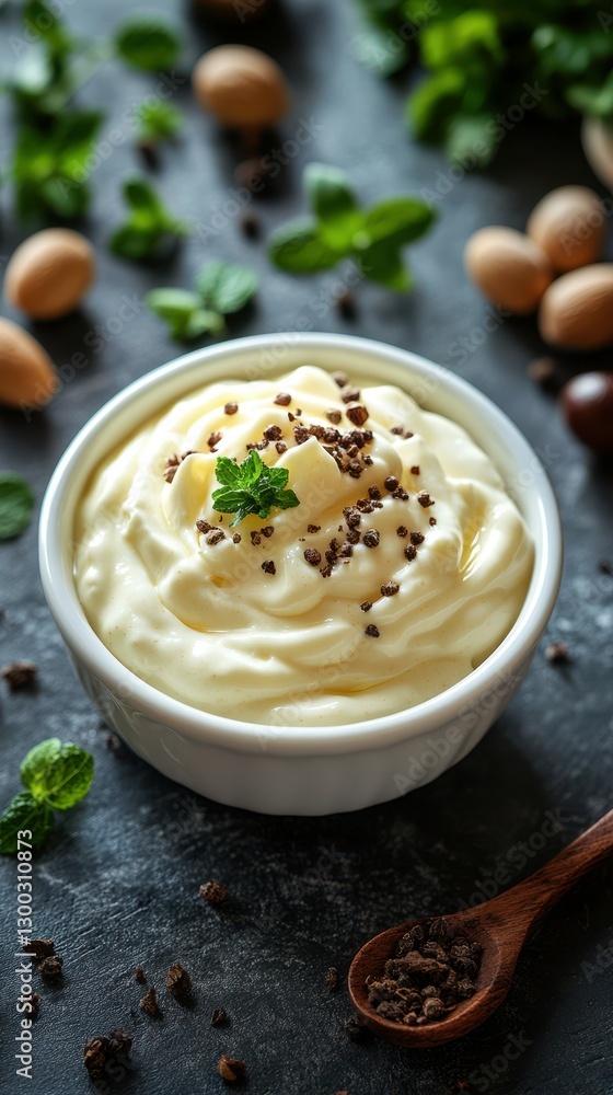 Creamy dessert topped with chocolate sprinkles and mint leaves on a dark table Creamy dessert topped with chocolate sprinkles and mint leaves on a dark table