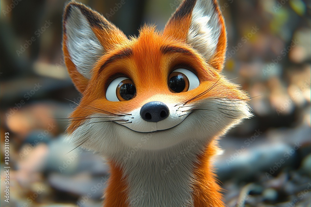 Obraz premium Cute animated fox smiling in a forest setting with autumn leaves during daytime