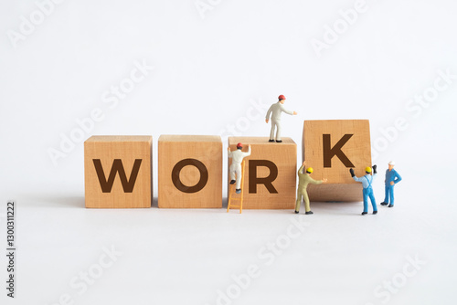 Wallpaper Mural oden block with the word WORK written on it with miniature people around it. Torontodigital.ca