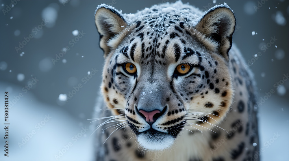 Naklejka premium Majestic Snow Leopard Portrait in Winter Snow, Golden Eyes and Spotted Fur
