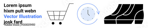 Shopping cart, clock with arrow for quick service, black shoes for fashion retail. Ideal for e-commerce, delivery, shopping, logistics, fashion marketing retail services. Flat landing page banner