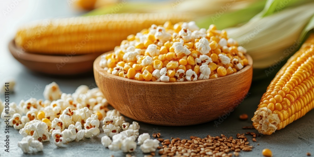 Fresh popcorn kernels and popped corn scattered around ears of corn in a rustic kitchen setting during summer harvest season Fresh popcorn kernels and popped corn scattered around ears of corn in a rustic kitchen setting during summer harvest season