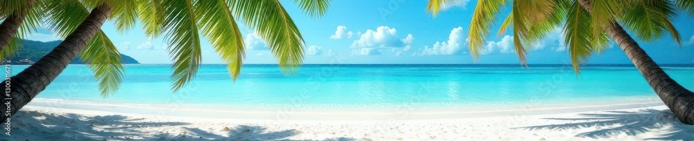 Fototapeta premium White sand beach, clear blue water, palm trees, beautiful, paradise