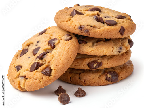 A delicious stack of three chocolate chip cookies, golden brown and filled with melted chocolate chips, isolated on a clean white background.
