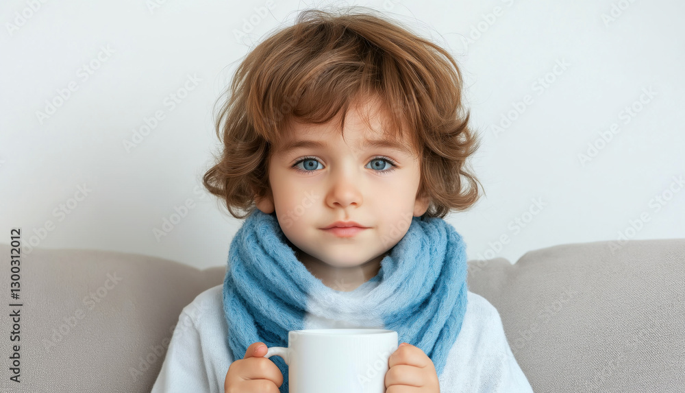 Sick child drinking hot beverage on sofa wearing scarf: recovering from cold or flu Sick child drinking hot beverage on sofa wearing scarf: recovering from cold or flu