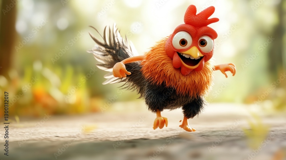 Fototapeta premium Happy Rooster Running Forest Path