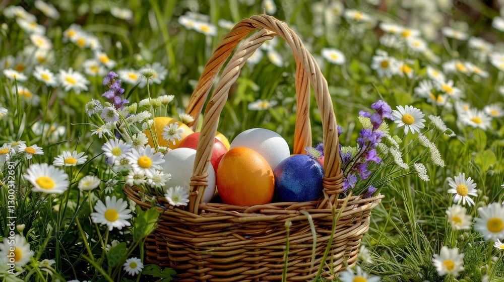 Vibrant eggs nestled in a woven basket surrounded by flowers, embracing the joy of easter Vibrant eggs nestled in a woven basket surrounded by flowers, embracing the joy of easter