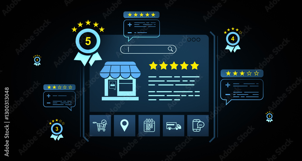 Naklejka premium Online business rating concept with customer reviews and star rankings. 3D Rendering