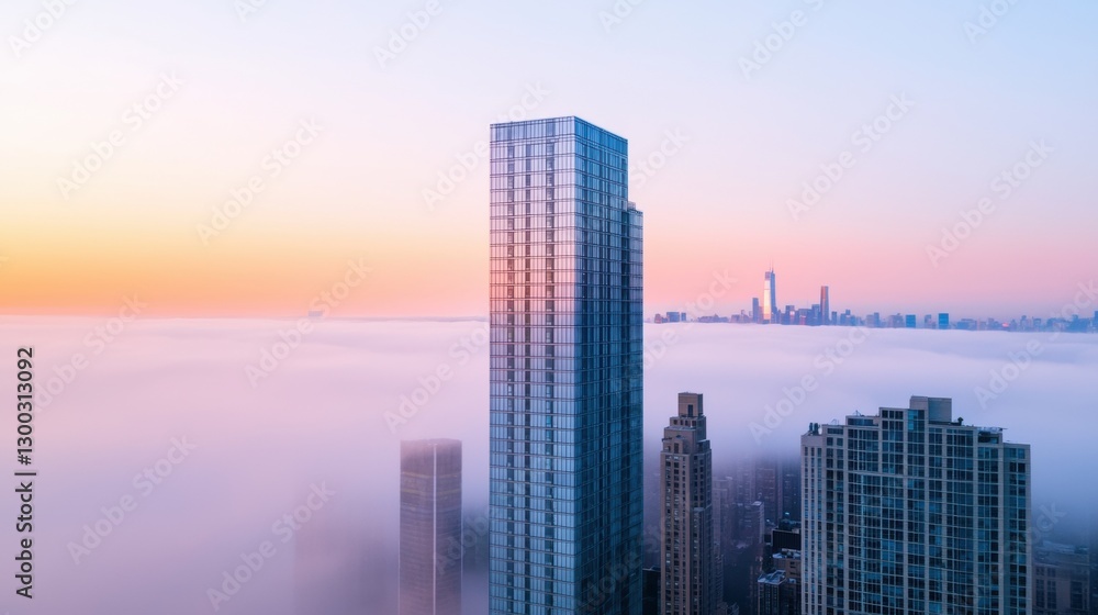 Aerial view of skyscrapers in a city shrouded in fog at sunrise. Urban landscape with modern architecture and a dreamy atmosphere. Aerial view of skyscrapers in a city shrouded in fog at sunrise. Urban landscape with modern architecture and a dreamy atmosphere.