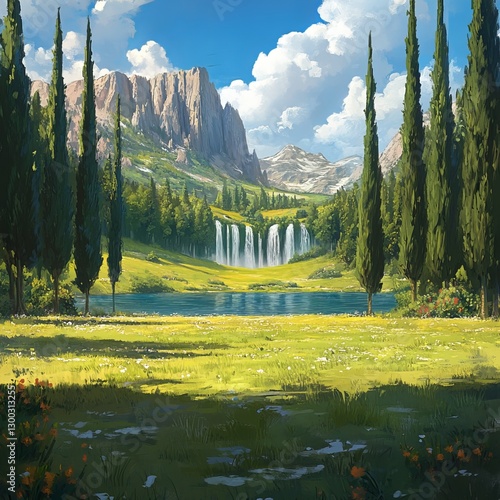 Serene Lakeside Vista: A picturesque landscape painting showcasing towering trees framing a tranquil lake, with a majestic waterfall cascading from the distant mountains.