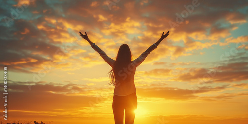 A confident, successful woman celebrating her achievement with arms raised, symbolizing empowerment, motivation, and personal growth in an inspirational setting.