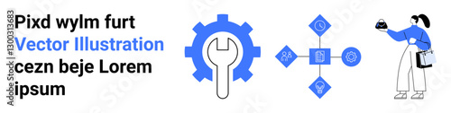 Gear icon with wrench, network connection icons, developer debugging tools, and a woman holding a file. Ideal for tech development, engineering, project management, workflow optimization