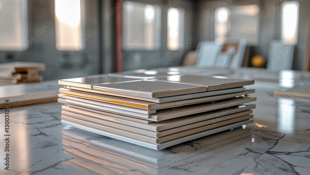 Stacked white tile samples on marble table in modern workspace for home renovation project Stacked white tile samples on marble table in modern workspace for home renovation project