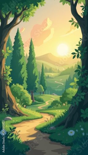 Serene sunrise over lush forest path, nature’s tranquility