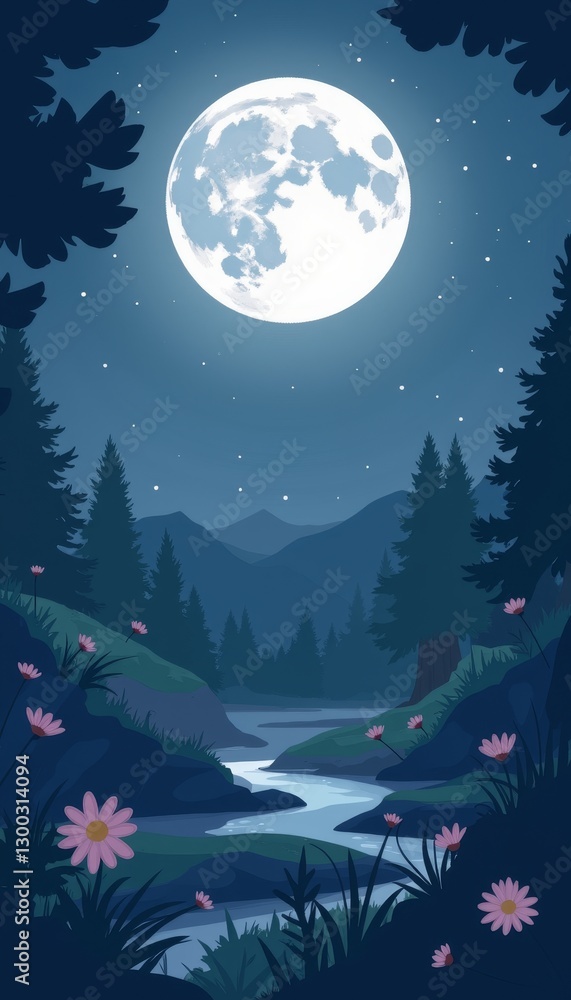 Fototapeta premium Tranquil full moon illuminating peaceful garden at night, serenity