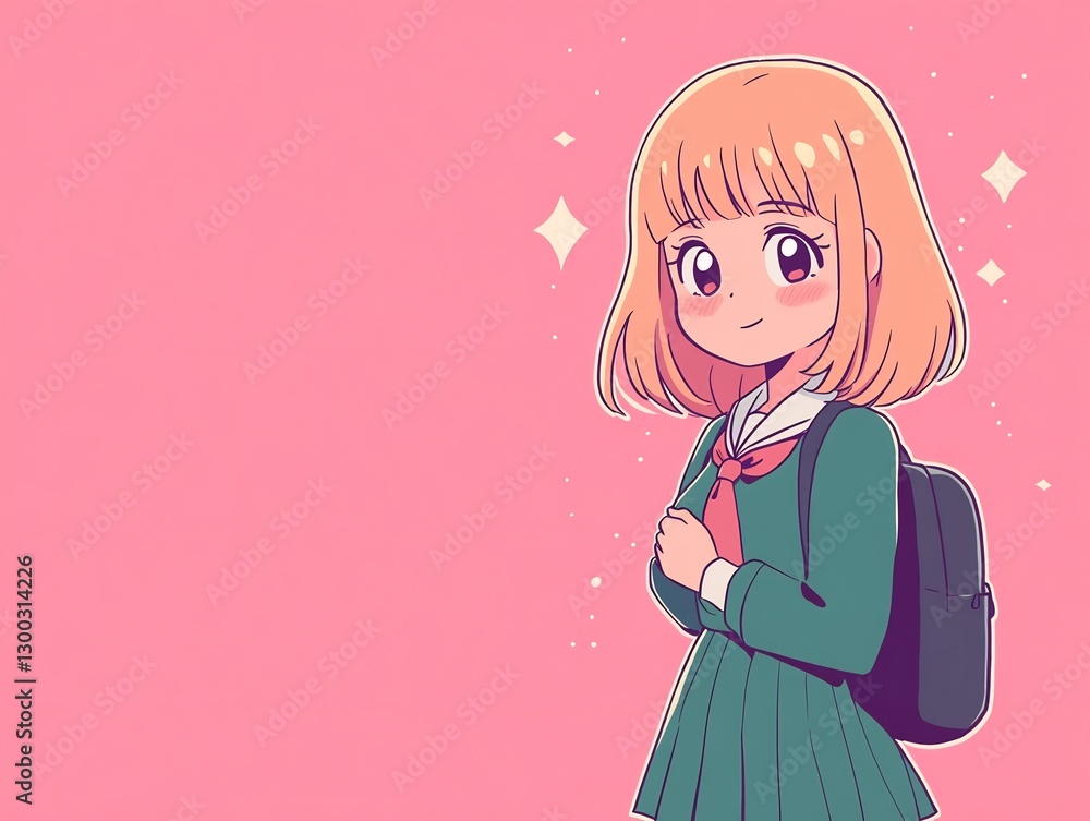 anime schoolgirl illustration in pastel uniform on pink background anime schoolgirl illustration in pastel uniform on pink background