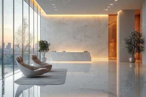 Modern lobby with stunning city view at sunset featuring elegant decor and minimalistic design elements
