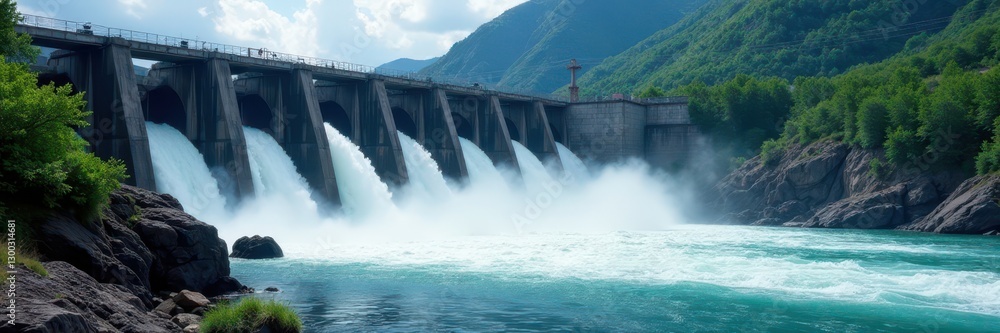 Powerful hydroelectric dam, turbines spinning from rushing river water , renewable energy, dam, industrial Powerful hydroelectric dam, turbines spinning from rushing river water , renewable energy, dam, industrial