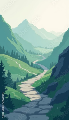Misty stone path winding through tranquil mountain landscape, serenity