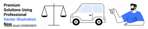 Justice scale emphasizing fairness, a car signifying transport, and a gesturing figure illustrating ideas. Ideal for legal services, transportation, business solutions, communication, fairness