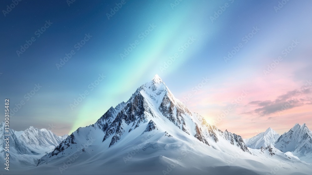 Fototapeta premium Majestic snow-covered mountain peak under vibrant aurora sky, creating a breathtaking natural spectacle.